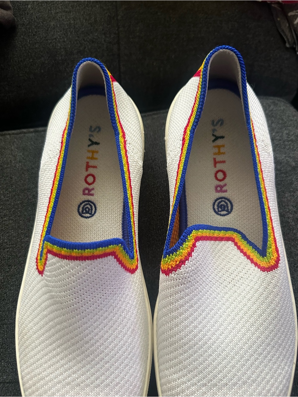 Rothy's White Knit Slip-On Flats with Rainbow Trim